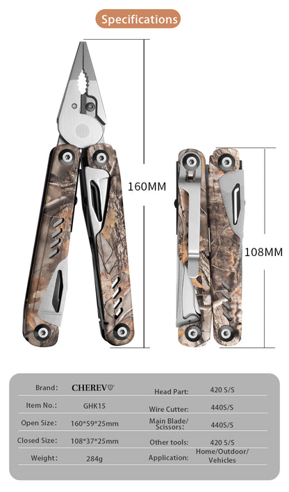 19-in-1 Camo Stainless Steel Multi Tool Pliers with Self-Driver Bits Adaptor